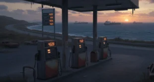 Estación de servicio con precios de gasolina elevados y barcos petroleros en el horizonte