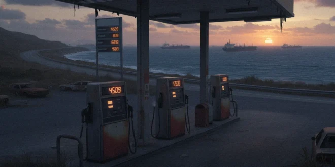 Estación de servicio con precios de gasolina elevados y barcos petroleros en el horizonte