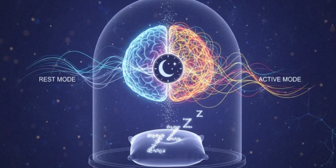 Representación científica del cerebro humano y la importancia del descanso nocturno.