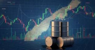 Gráfico bursátil de Wall Street con barriles de petróleo