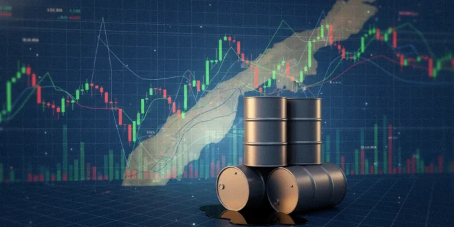 Gráfico bursátil de Wall Street con barriles de petróleo