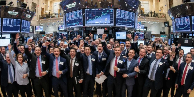 Operadores en la Bolsa de Nueva York celebrando nuevos máximos históricos tras noticias del estrecho de Ormuz