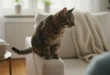 Gato doméstico observando atentamente a su dueño en un entorno hogareño.