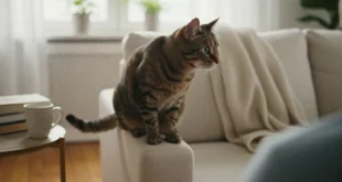 Gato doméstico observando atentamente a su dueño en un entorno hogareño.
