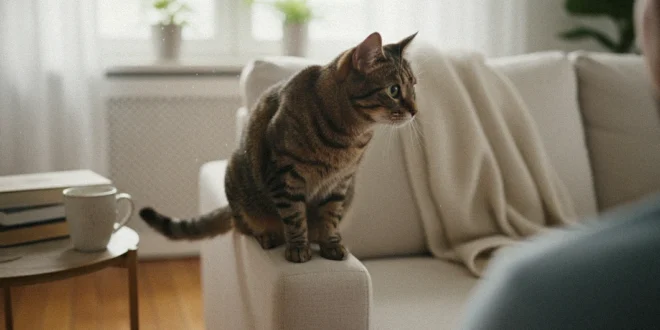 Gato doméstico observando atentamente a su dueño en un entorno hogareño.