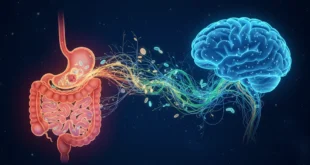 Representación científica del eje intestino-cerebro conectando el sistema digestivo con el sistema nervioso central.