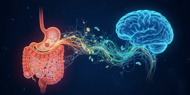 Representación científica del eje intestino-cerebro conectando el sistema digestivo con el sistema nervioso central.