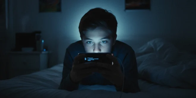 Joven adolescente mirando el celular en la oscuridad de su habitación