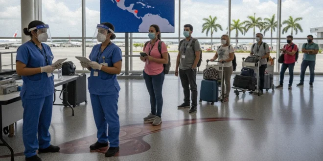 Personal sanitario realizando controles de vigilancia epidemiológica en aeropuerto de Panamá