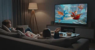 Niños viendo dibujos animados en televisión con actitud relajada