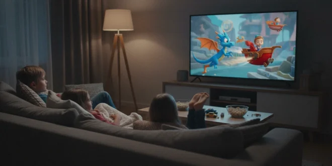 Niños viendo dibujos animados en televisión con actitud relajada