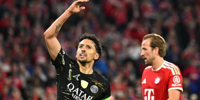 Marquinhos celebrando la clasificación a la final de la Champions League en el Allianz Arena