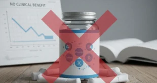 Frasco de suplementos de calcio y vitamina D sobre una mesa que ilustra la falta de beneficio clínico para fracturas según The BMJ