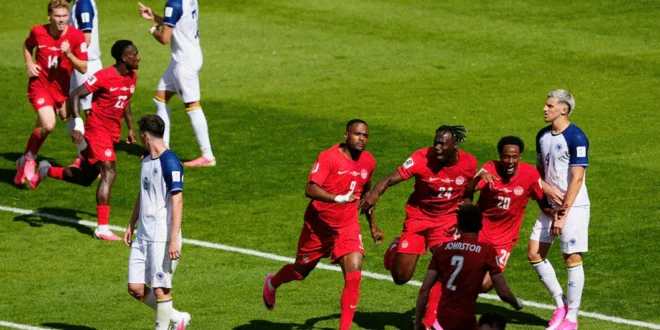 Cyle Larin celebrando el gol del empate de Canadá contra Bosnia-Herzegovina en el Mundial 2026.