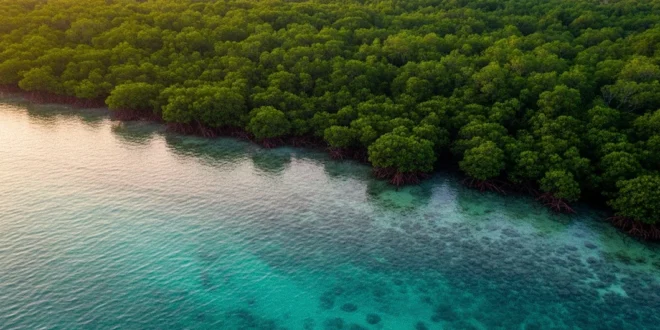 Vista aérea de un denso bosque tropical junto a un río de agua azul, ilustrando la biodiversidad y el ciclo de agua.