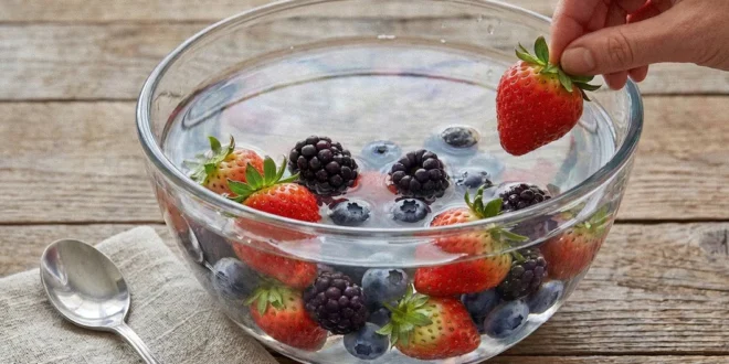 Tazón de fresas y arándanos sumergidos en agua con bicarbonato para eliminar residuos de pesticidas de su superficie