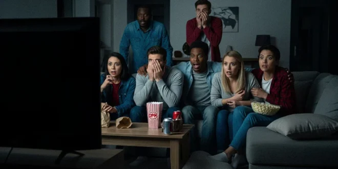 Grupo de amigos asustados viendo una película de terror en una sala oscura