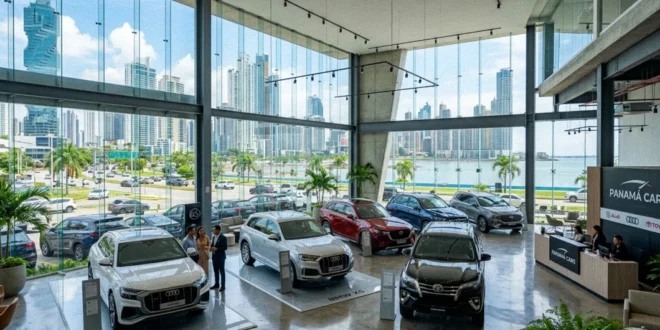Concesionario de ventas de autos en Ciudad de Panamá con modelos SUV y sedanes nuevos en exhibición.