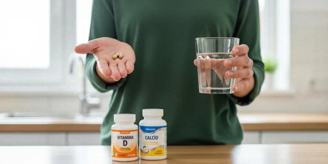 Persona tomando suplementos de vitamina D y calcio bajo supervisión médica