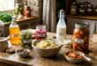 Variedad de alimentos fermentados como chucrut, kéfir y kimchi sobre una mesa de madera