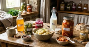 Variedad de alimentos fermentados como chucrut, kéfir y kimchi sobre una mesa de madera