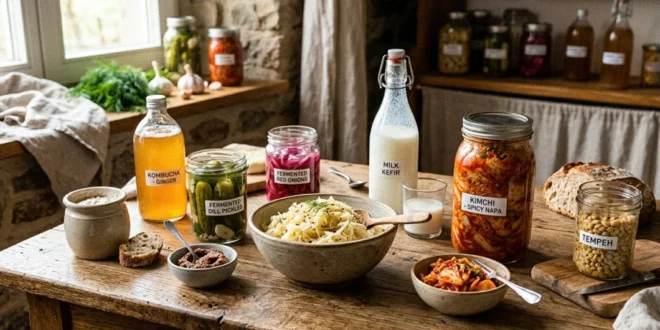 Variedad de alimentos fermentados como chucrut, kéfir y kimchi sobre una mesa de madera