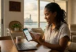 Una persona en Panamá revisando sus cuentas mensuales en su teléfono móvil con expresión de concentración y optimismo.
