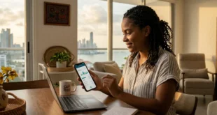 Una persona en Panamá revisando sus cuentas mensuales en su teléfono móvil con expresión de concentración y optimismo.