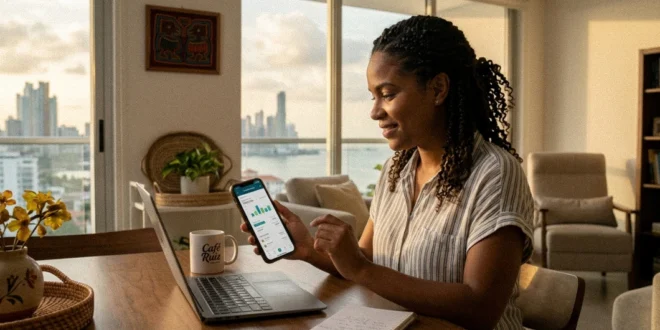 Una persona en Panamá revisando sus cuentas mensuales en su teléfono móvil con expresión de concentración y optimismo.