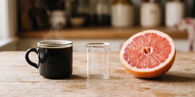 Un pomelo rosa cortado por la mitad junto a una taza de café negro humeante sobre una mesa de madera clara.