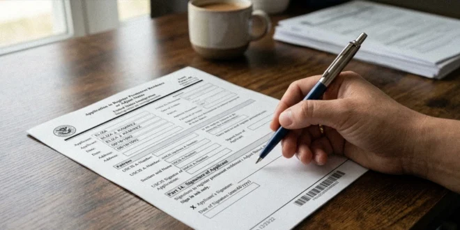 Formulario de inmigración de Estados Unidos con un bolígrafo listo para firmar a mano