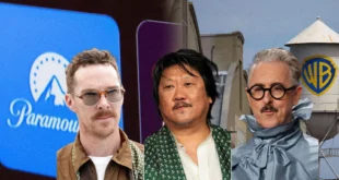 Montaje de los actores Benedict Cumberbatch y Benedict Wong frente a logotipos de Paramount y Warner Bros.