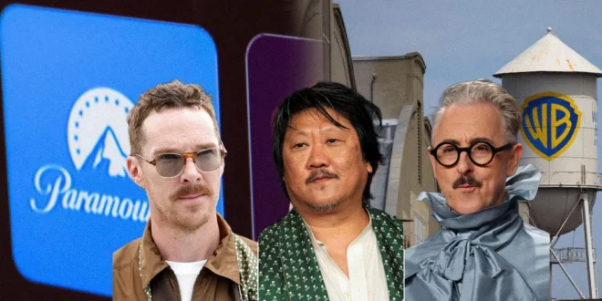 Montaje de los actores Benedict Cumberbatch y Benedict Wong frente a logotipos de Paramount y Warner Bros.