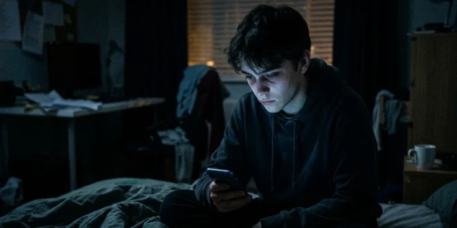 Persona joven mirando su smartphone en un entorno oscuro, reflejando el impacto en la salud mental.