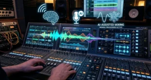 Consola de mezcla de música con íconos de inteligencia artificial y ondas sonoras