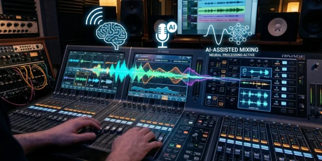 Consola de mezcla de música con íconos de inteligencia artificial y ondas sonoras