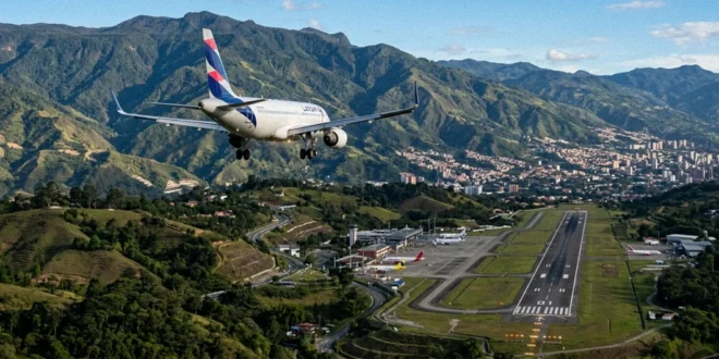 Avión comercial aproximándose al Aeropuerto José María Córdova con las montañas de Antioquia de fondo