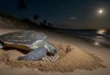 Tortuga marina desovando en una playa protegida de Panamá bajo la luz de la luna.