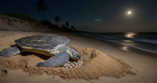 Tortuga marina desovando en una playa protegida de Panamá bajo la luz de la luna.