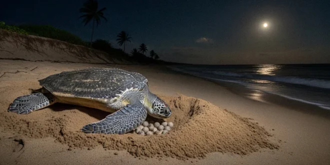 Tortuga marina desovando en una playa protegida de Panamá bajo la luz de la luna.
