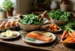 Selección de alimentos ricos en vitaminas A, D y K como espinacas, salmón y zanahorias sobre una mesa de madera