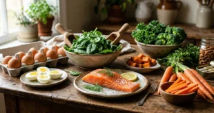 Selección de alimentos ricos en vitaminas A, D y K como espinacas, salmón y zanahorias sobre una mesa de madera