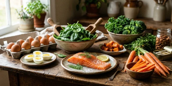 Selección de alimentos ricos en vitaminas A, D y K como espinacas, salmón y zanahorias sobre una mesa de madera