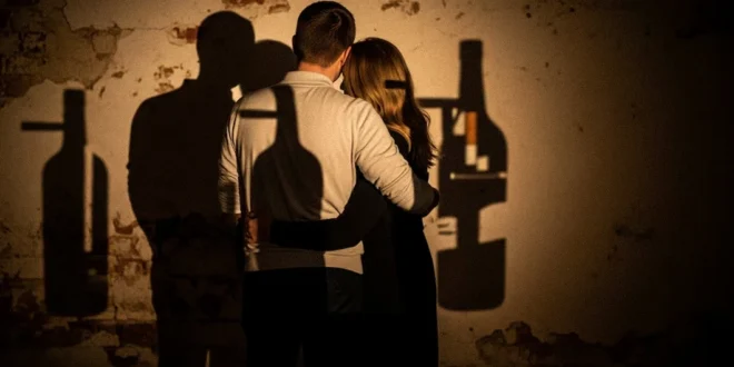 Pareja de espaldas con sombras proyectadas que sugieren la complejidad de la adicción compartida