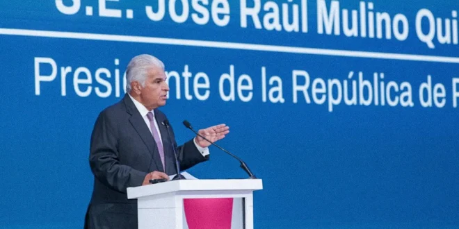 El presidente José Raúl Mulino durante el evento de Grupo Financiero BSC en Panamá