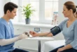 Especialista médico midiendo la presión arterial de una paciente en una consulta clínica con tensiómetro