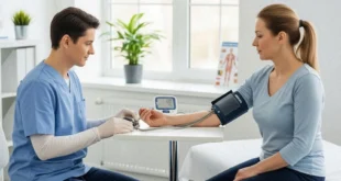 Especialista médico midiendo la presión arterial de una paciente en una consulta clínica con tensiómetro