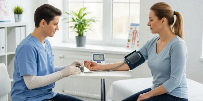 Especialista médico midiendo la presión arterial de una paciente en una consulta clínica con tensiómetro
