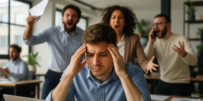 Profesional estresado en su oficina a punto de sufrir un desborde emocional o crash out