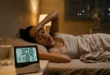 Dormitorio caluroso de noche con termómetro digital marcando alta temperatura y persona con dificultad para dormir